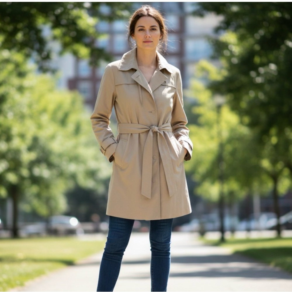 NWOT Eileen Fisher Lightweight Cotton Nylon Tan Trench Jacket Snap Belt Sz XS